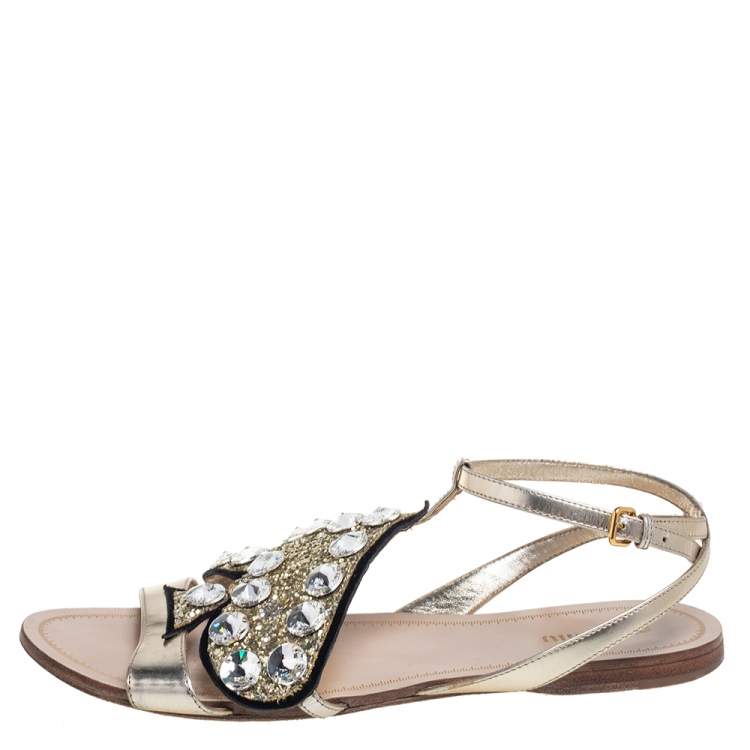 Pre Owned Miu Miu Gold Metallic Leather Glitter Heart Flats Size 38