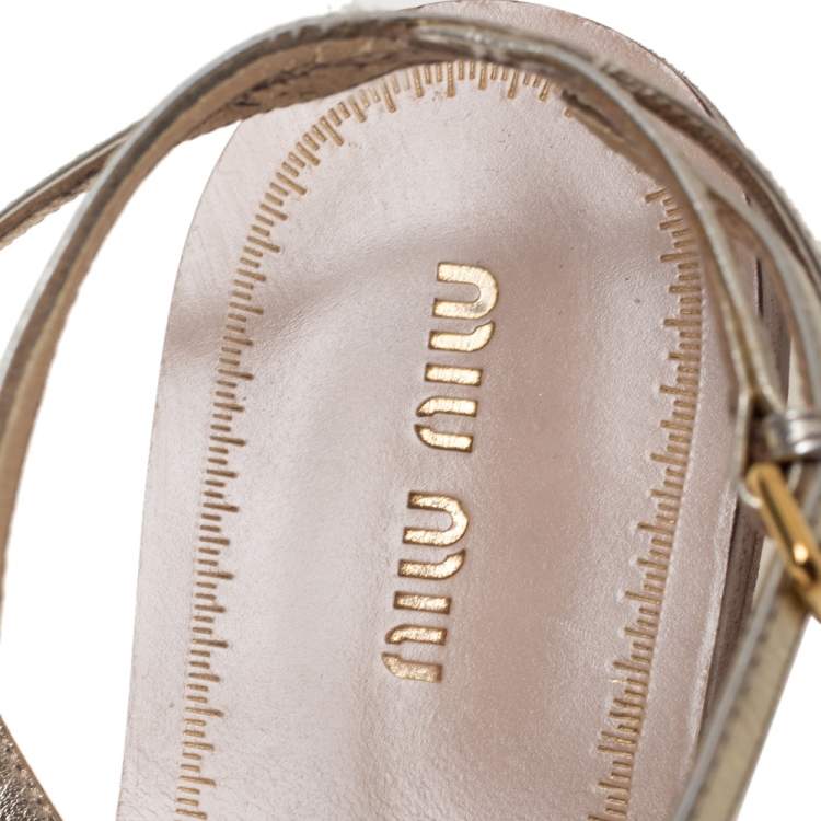Pre Owned Miu Miu Gold Metallic Leather Glitter Heart Flats Size 38