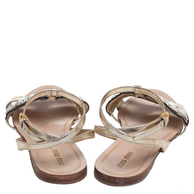 Pre Owned Miu Miu Gold Metallic Leather Glitter Heart Flats Size 38