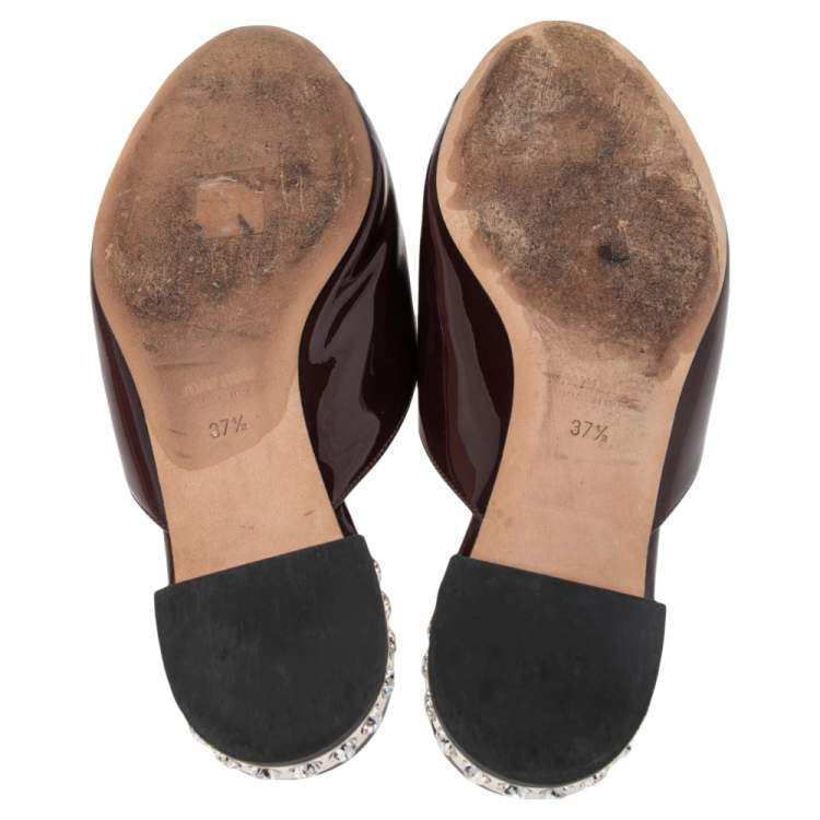 Pre Owned Miu Miu Burgundy Patent Leather Crystal Embellished Bow Slide Flats Size 37.5