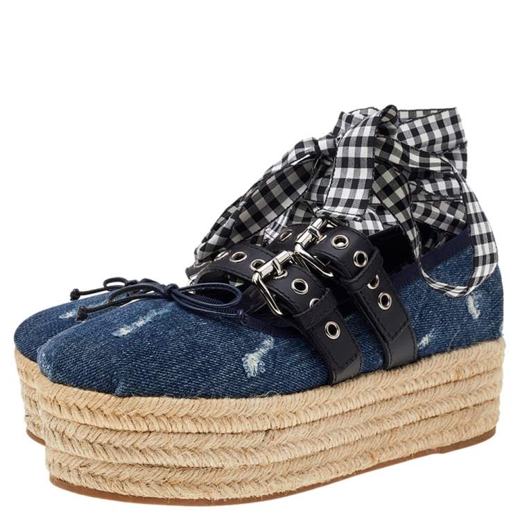 Pre Owned Miu Miu Blue Denim and Leather Lace Up Platform Wedge Espadrilles Size 38