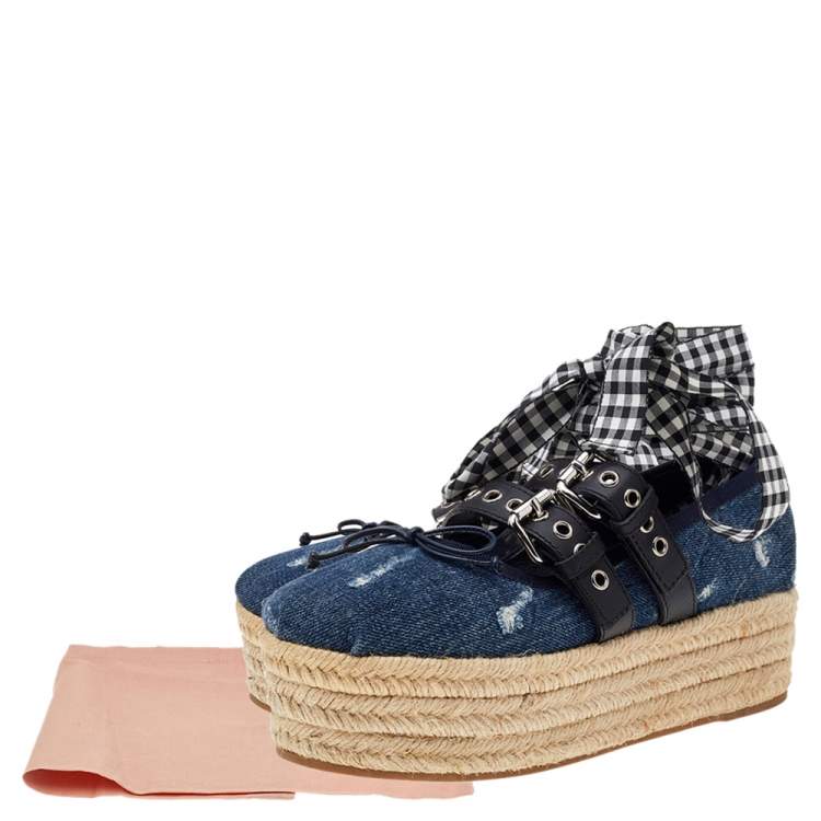 Pre Owned Miu Miu Blue Denim and Leather Lace Up Platform Wedge Espadrilles Size 38