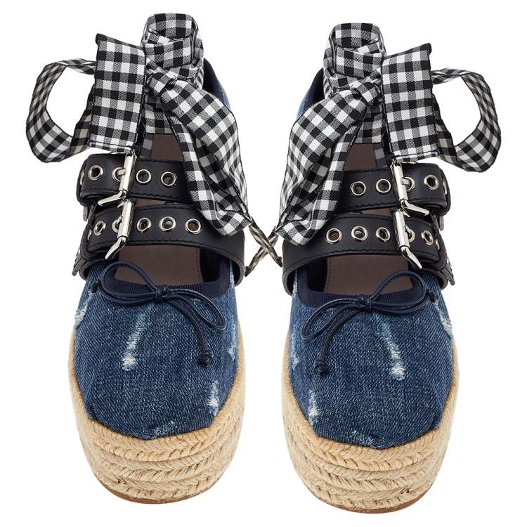 Pre Owned Miu Miu Blue Denim and Leather Lace Up Platform Wedge Espadrilles Size 38