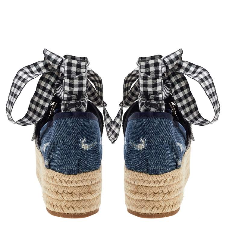 Pre Owned Miu Miu Blue Denim and Leather Lace Up Platform Wedge Espadrilles Size 38