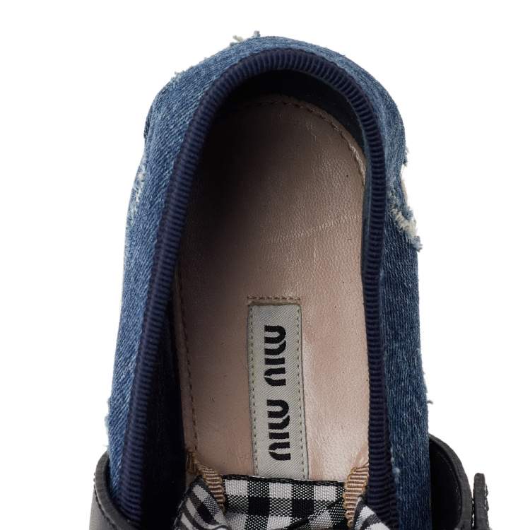 Pre Owned Miu Miu Blue Denim and Leather Lace Up Platform Wedge Espadrilles Size 38