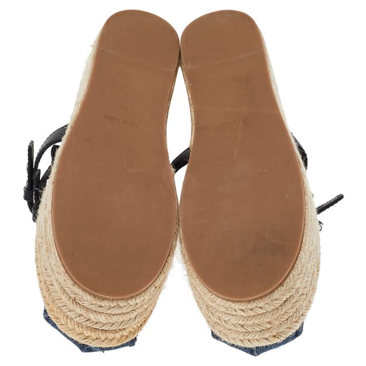 Pre Owned Miu Miu Blue Denim and Leather Lace Up Platform Wedge Espadrilles Size 38