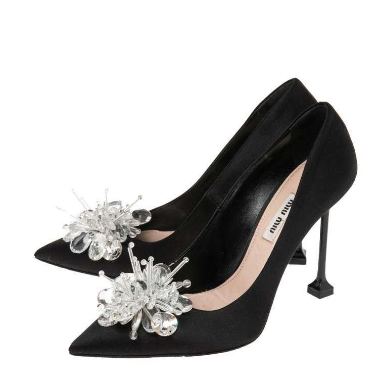 Pre Owned Miu Miu Black Satin Crystal Embellished Pointed Toe Pumps Size 38
