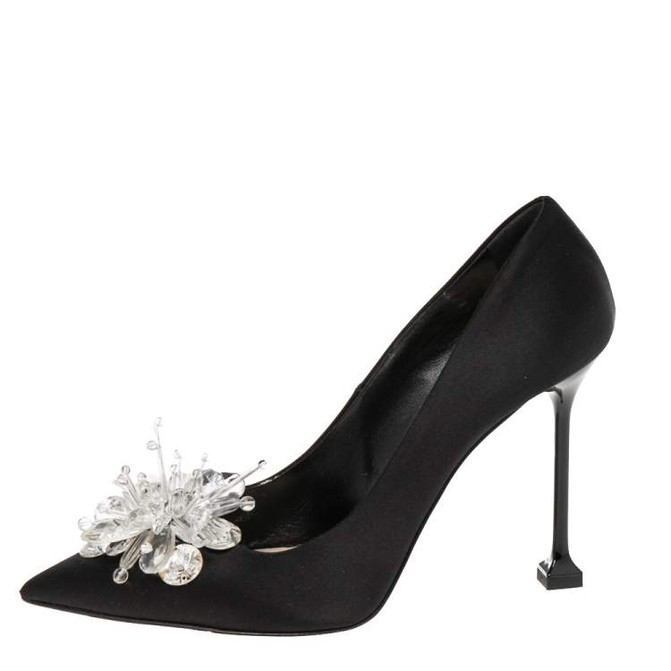 Pre Owned Miu Miu Black Satin Crystal Embellished Pointed Toe Pumps Size 38