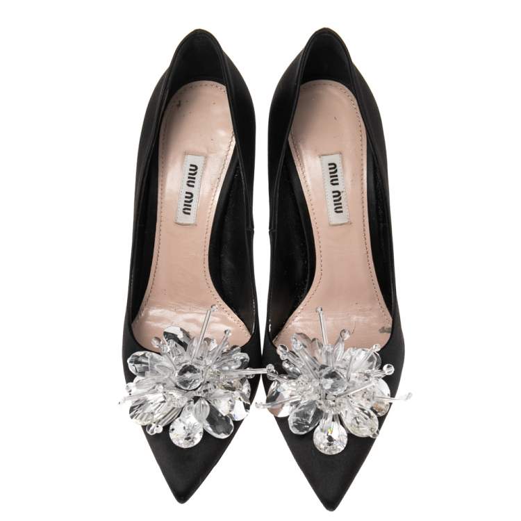 Pre Owned Miu Miu Black Satin Crystal Embellished Pointed Toe Pumps Size 38
