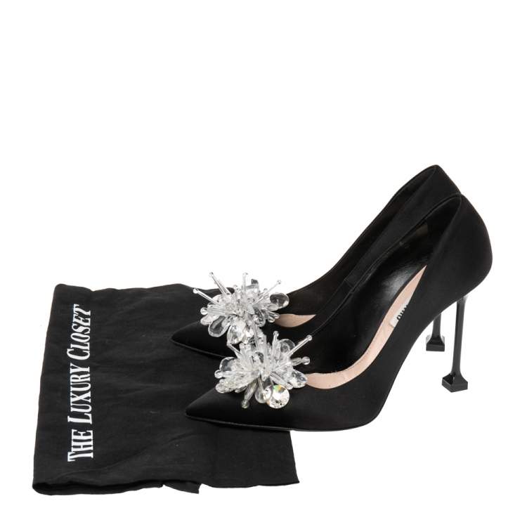 Pre Owned Miu Miu Black Satin Crystal Embellished Pointed Toe Pumps Size 38