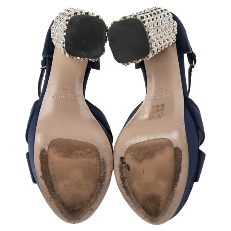 مملوكة مسبقًا Miu Miu Dark Blue Satin Criss Cross Crystal Embellished Heel Sandals Size 38