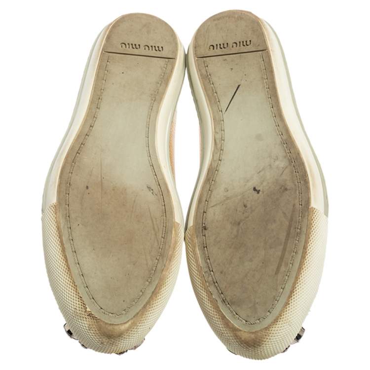 Pre Owned Miu Miu Metallic Gold Leather Crystal Embellished Metal Cap Toe Low Top Sneakers Size 36