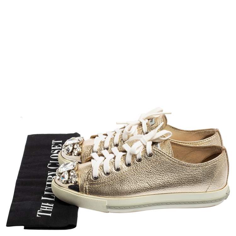 Pre Owned Miu Miu Metallic Gold Leather Crystal Embellished Metal Cap Toe Low Top Sneakers Size 36