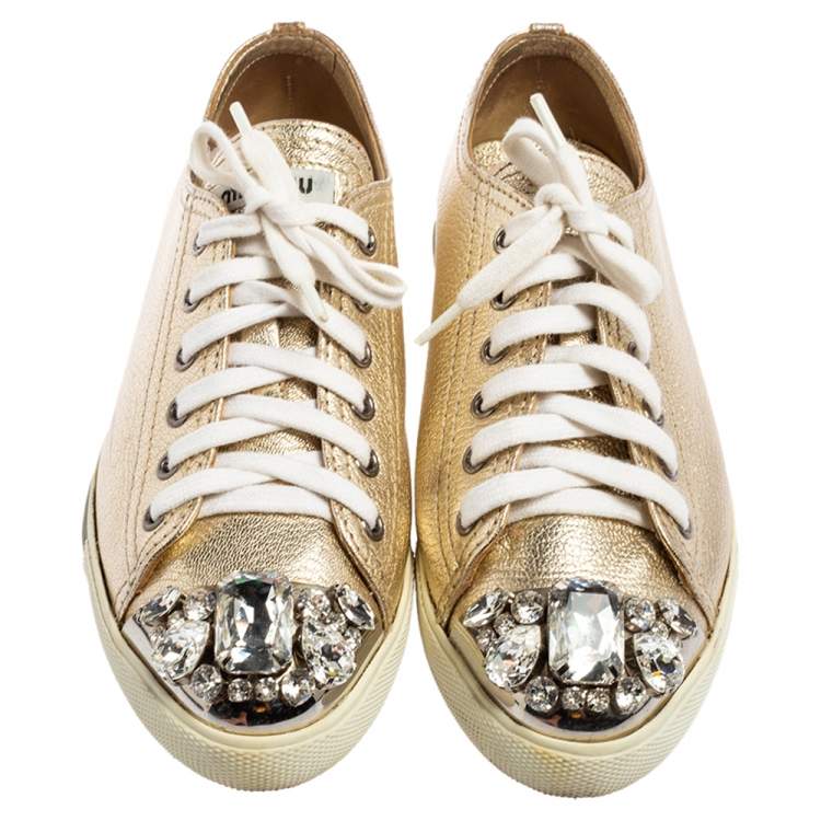 Pre Owned Miu Miu Metallic Gold Leather Crystal Embellished Metal Cap Toe Low Top Sneakers Size 36