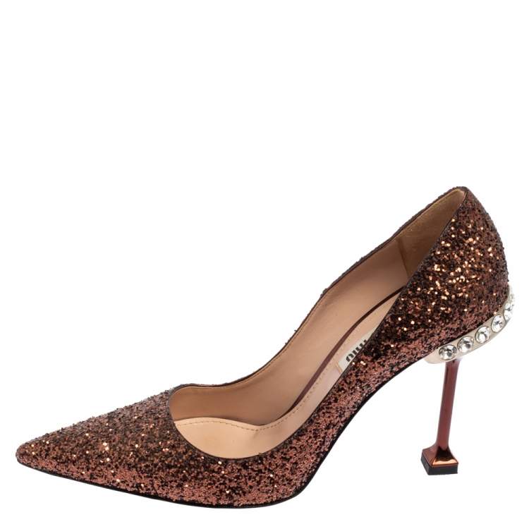 Pre Owned Miu Miu Brown Glitter Pointed Toe Pumps Size 36