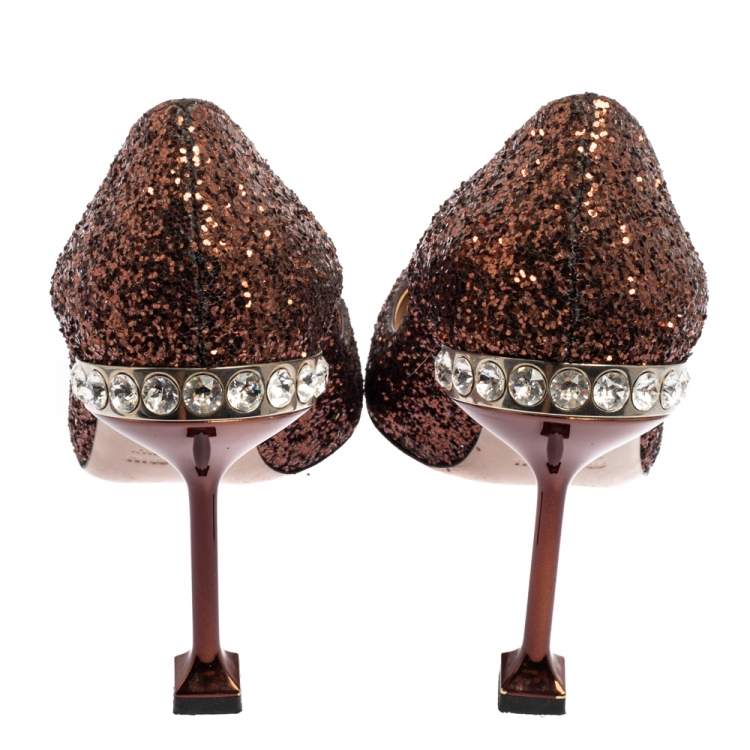Pre Owned Miu Miu Brown Glitter Pointed Toe Pumps Size 36