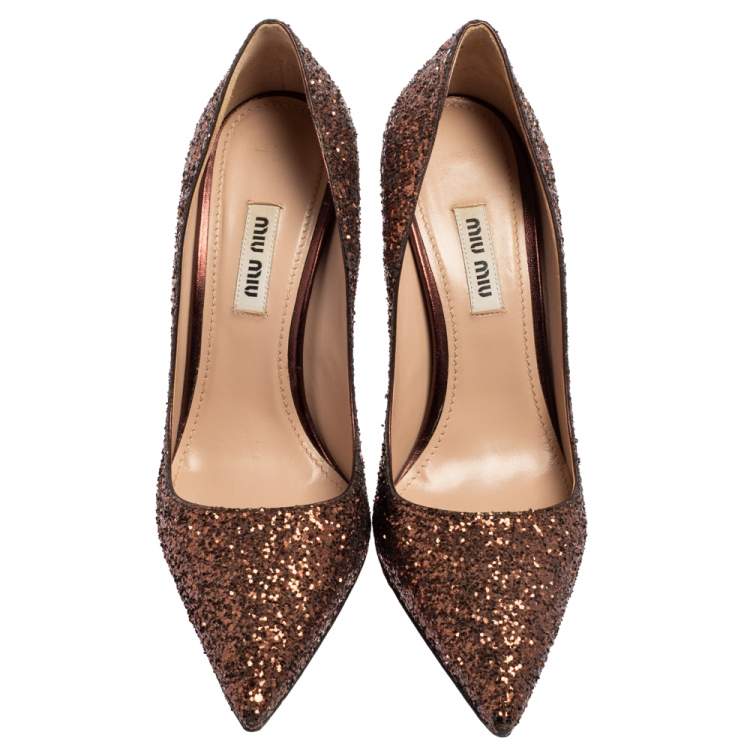 Pre Owned Miu Miu Brown Glitter Pointed Toe Pumps Size 36