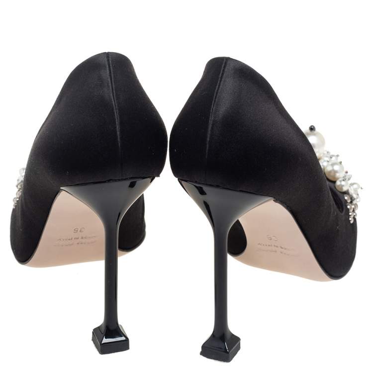 مملوكة مسبقًا Miu Miu Black Satin Crystal and Pearl Embellished Pointed Toe Pumps Size 36