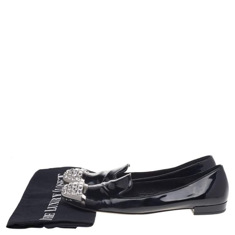 Pre Owned Miu Miu Black Patent Leather Crystal Embellished Cap Toe Smoking Slippers Size 39