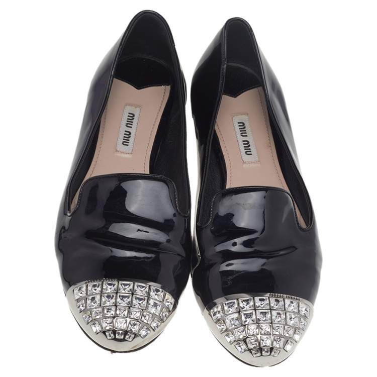 Pre Owned Miu Miu Black Patent Leather Crystal Embellished Cap Toe Smoking Slippers Size 39