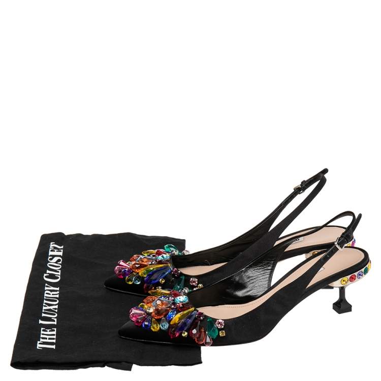 Pre Owned Miu Miu Black Satin Crystal Embellished Slingback Pumps Size 39