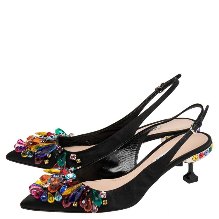 Pre Owned Miu Miu Black Satin Crystal Embellished Slingback Pumps Size 39