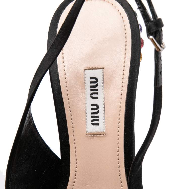 Pre Owned Miu Miu Black Satin Crystal Embellished Slingback Pumps Size 39