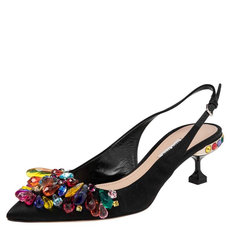 Pre Owned Miu Miu Black Satin Crystal Embellished Slingback Pumps Size 39