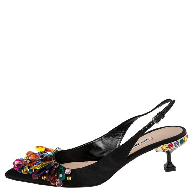 Pre Owned Miu Miu Black Satin Crystal Embellished Slingback Pumps Size 39