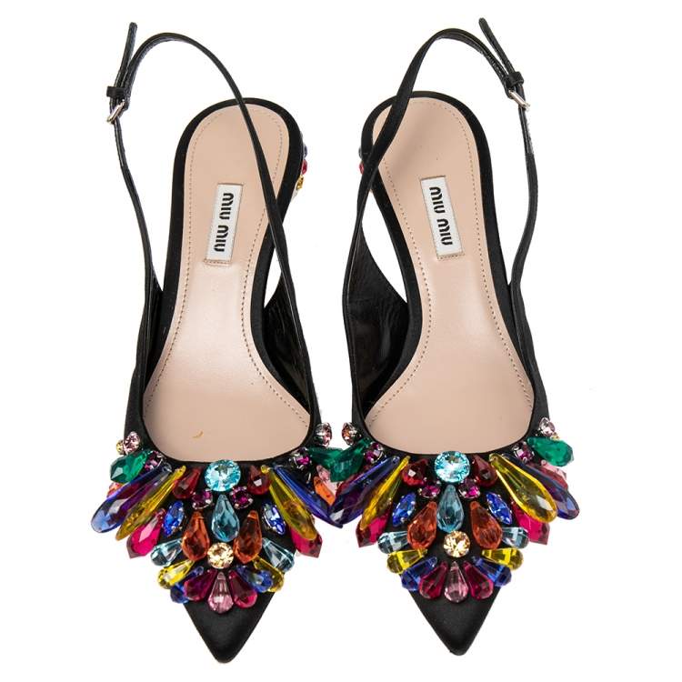 Pre Owned Miu Miu Black Satin Crystal Embellished Slingback Pumps Size 39