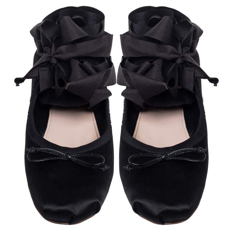 Pre Owned Miu Miu Black Satin Mary Jane Ballet Flats Size 37