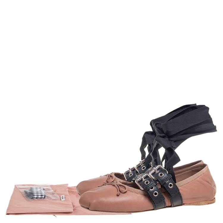 Pre Owned Miu Miu Nude Beige Leather Belted Ankle Wrap Ballerina Flats Size 37.5