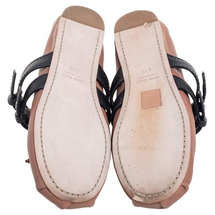 Pre Owned Miu Miu Nude Beige Leather Belted Ankle Wrap Ballerina Flats Size 37.5