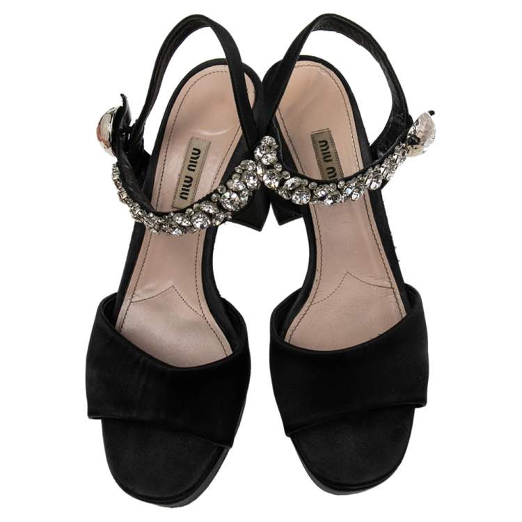 مملوكة مسبقًا Miu Miu Black Satin Crystal Embellished Ankle Strap Platform Sandals Size 39.5