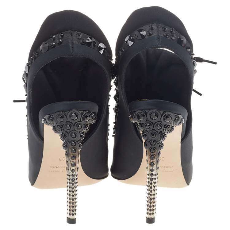Pre Owned Miu Miu Black Satin And Fabric Crystal Embellished Open Toe Slingback Sandals Size 38