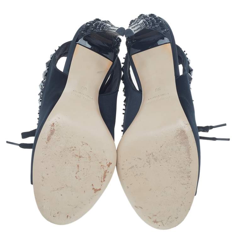 Pre Owned Miu Miu Black Satin And Fabric Crystal Embellished Open Toe Slingback Sandals Size 38