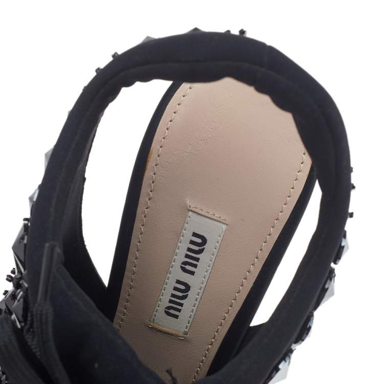 Pre Owned Miu Miu Black Satin And Fabric Crystal Embellished Open Toe Slingback Sandals Size 38