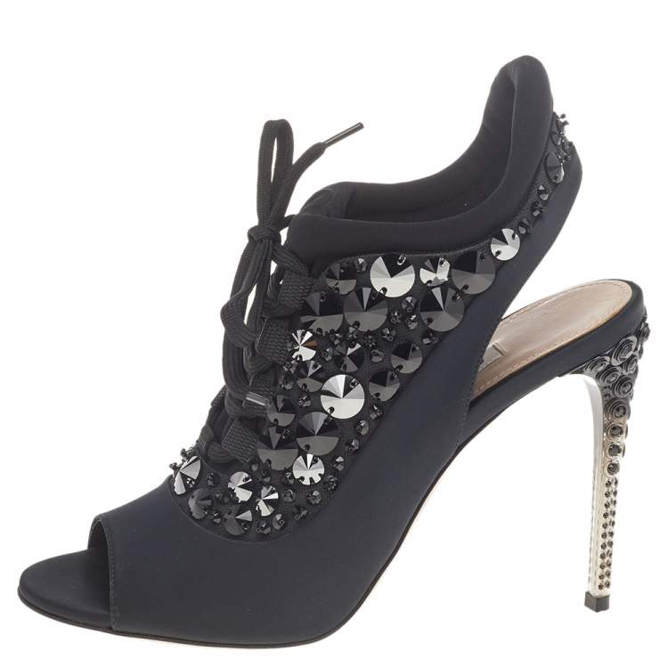 Pre Owned Miu Miu Black Satin And Fabric Crystal Embellished Open Toe Slingback Sandals Size 38