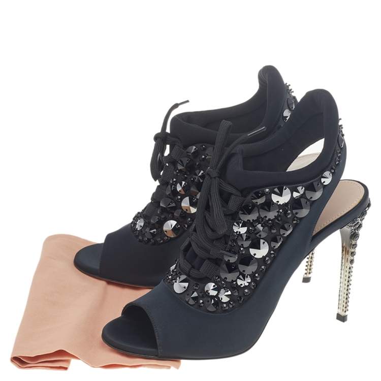 Pre Owned Miu Miu Black Satin And Fabric Crystal Embellished Open Toe Slingback Sandals Size 38