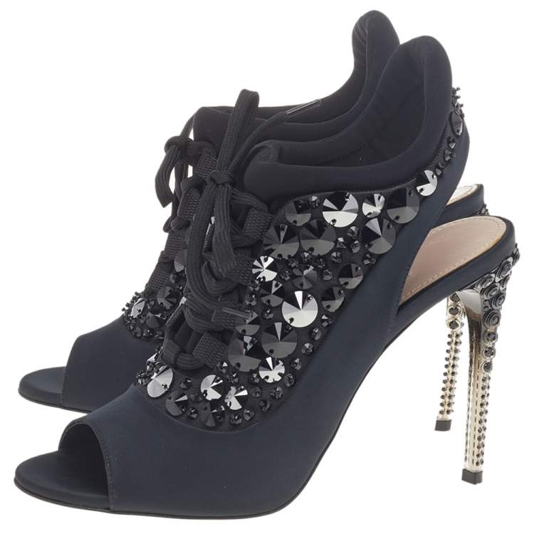 Pre Owned Miu Miu Black Satin And Fabric Crystal Embellished Open Toe Slingback Sandals Size 38