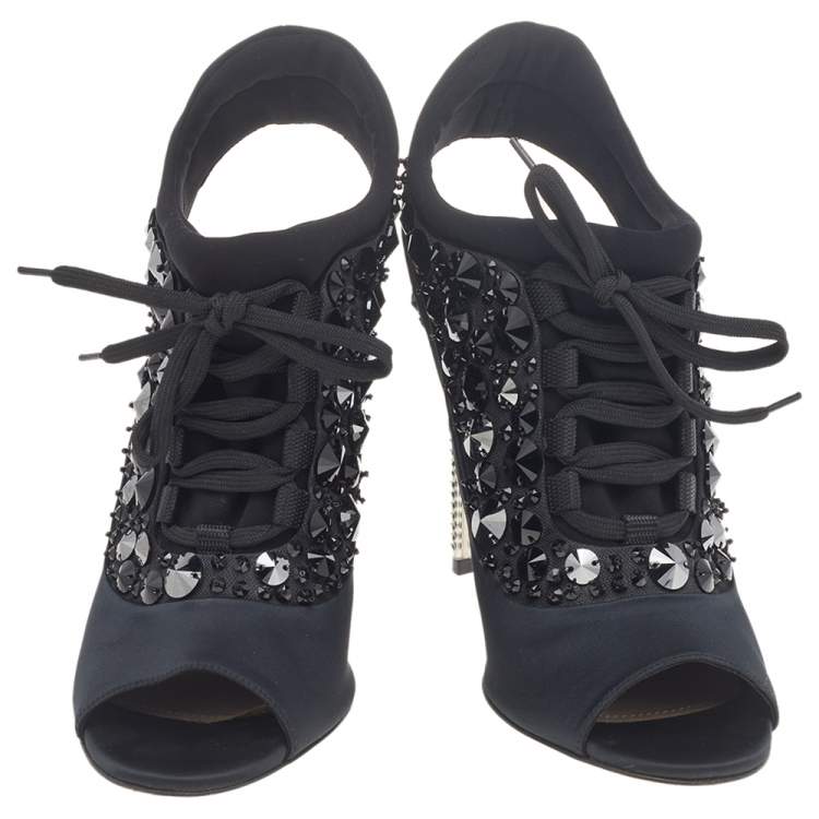 Pre Owned Miu Miu Black Satin And Fabric Crystal Embellished Open Toe Slingback Sandals Size 38