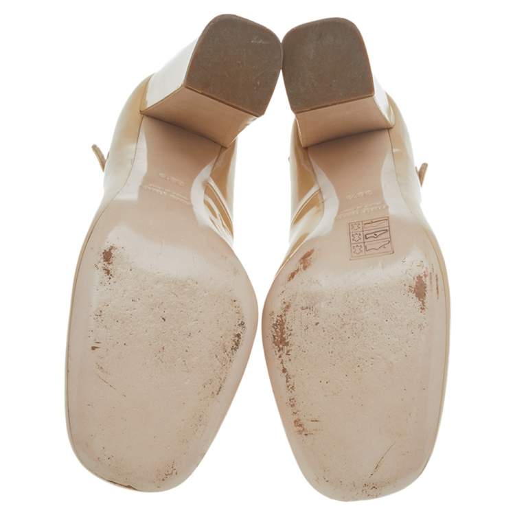 مملوكة مسبقًا Miu Miu Beige Patent Leather Block Heel Mary Jane Pumps Size 38.5