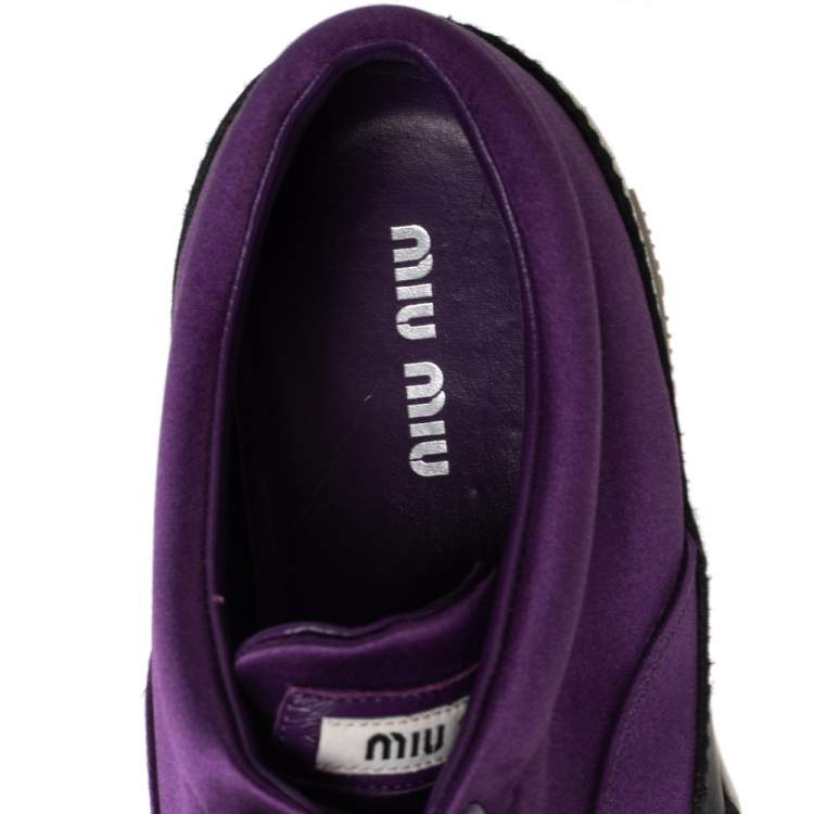 Pre Owned Miu Miu Purple Satin Crystal And Stud Cap Toe Embellished Buckle Detail Sneakers Size 37.5