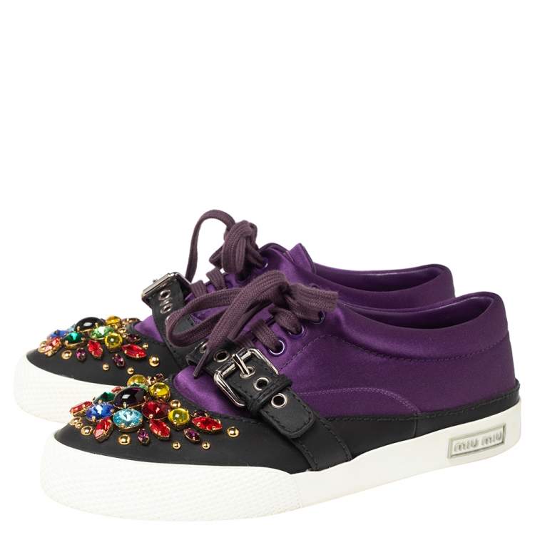 Pre Owned Miu Miu Purple Satin Crystal And Stud Cap Toe Embellished Buckle Detail Sneakers Size 37.5