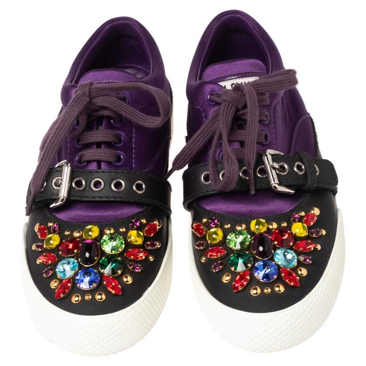 Pre Owned Miu Miu Purple Satin Crystal And Stud Cap Toe Embellished Buckle Detail Sneakers Size 37.5