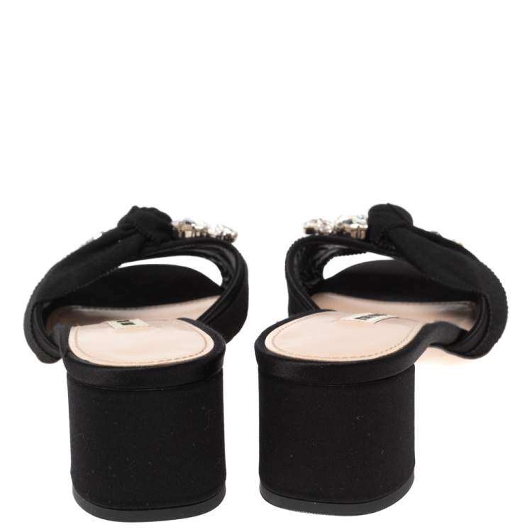Pre Owned Miu Miu Black Satin and Grosgrain Crystal Embellished Slide Sandals Size 38.5