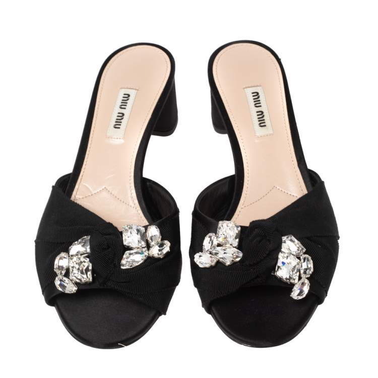 Pre Owned Miu Miu Black Satin and Grosgrain Crystal Embellished Slide Sandals Size 38.5