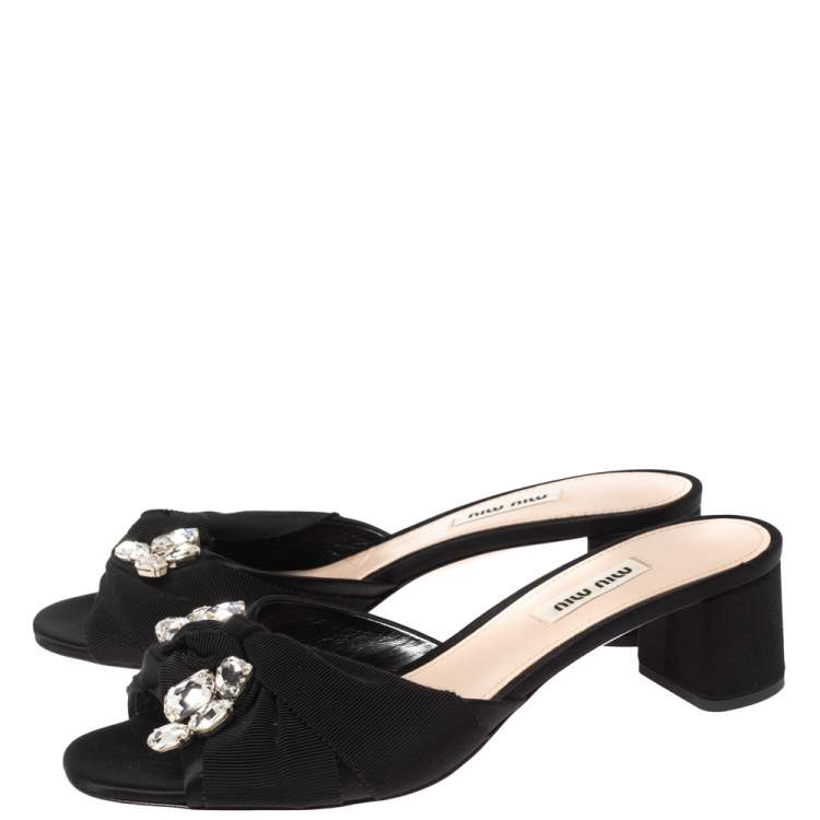 Pre Owned Miu Miu Black Satin and Grosgrain Crystal Embellished Slide Sandals Size 38.5