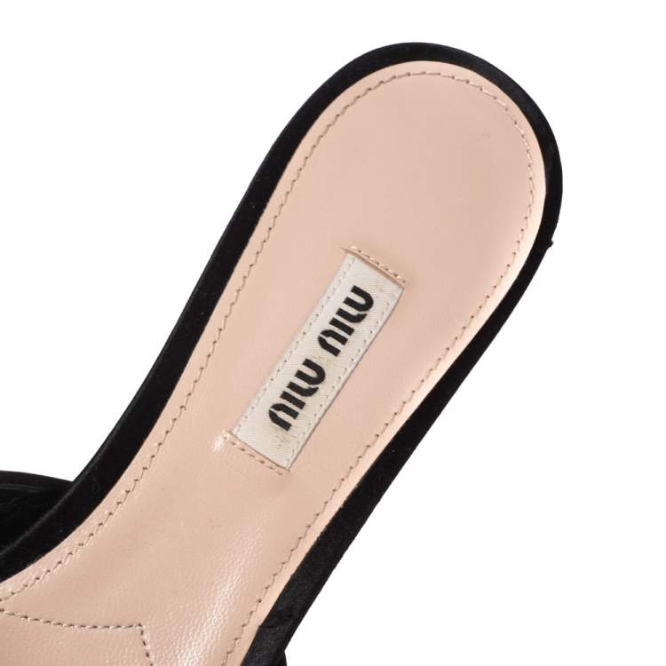 Pre Owned Miu Miu Black Satin and Grosgrain Crystal Embellished Slide Sandals Size 38.5