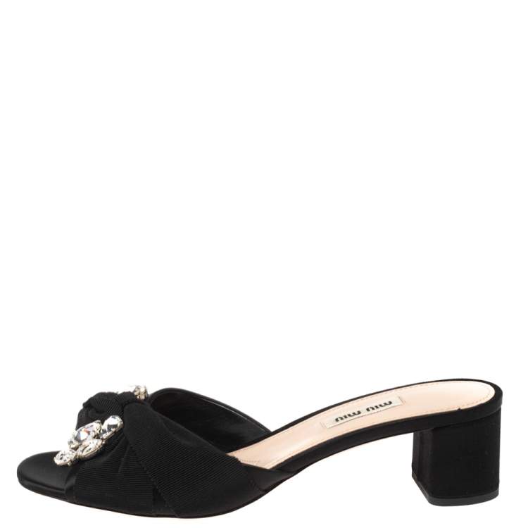 Pre Owned Miu Miu Black Satin and Grosgrain Crystal Embellished Slide Sandals Size 38.5